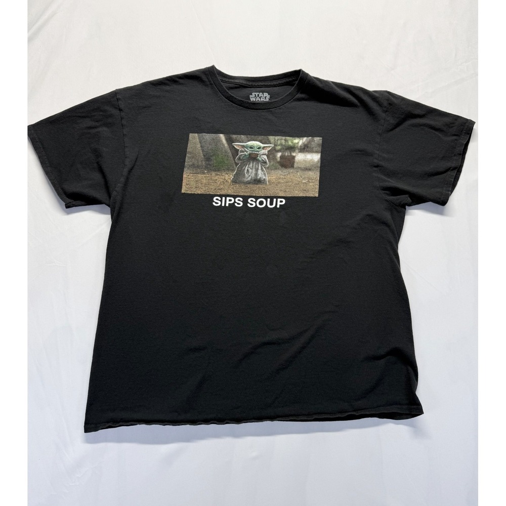 Star Wars T Shirt Mens XL Black Cotton The Mandalorian Child Sips‎ Soup Graphic